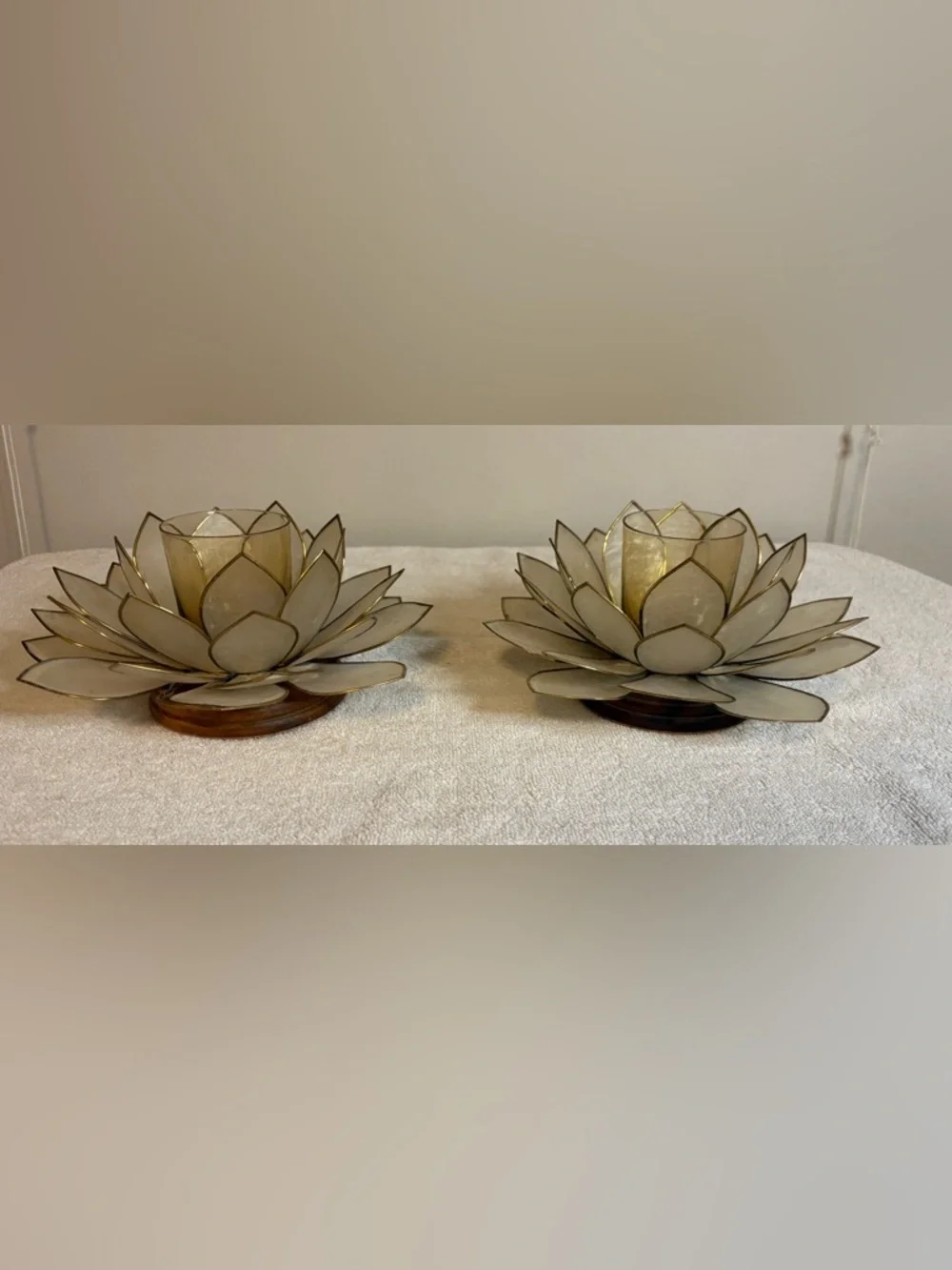 PAIR VINTAGE CAPIZ SHELL LOTUS STYLE BRASS ACCENT EDGE VOTIVE CANDLE HOLDER